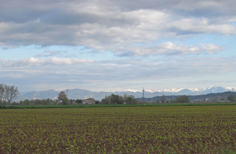 Panorama della campagna mantovana con case rurali
